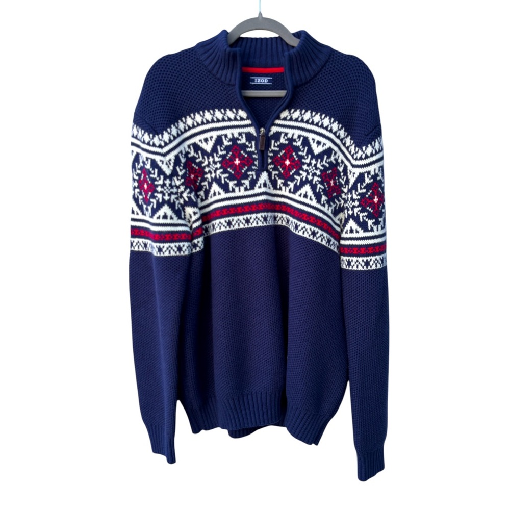 Izod Men’s XL Fair Isle Navy Blue Quarter Zip Mock Neck Pullover Knit Sweater